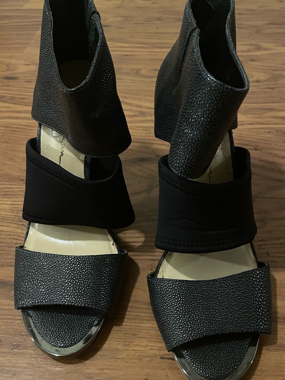 Jessica Simpson Black Textured Open-Toe Ankle-Wrap Heels 7.5